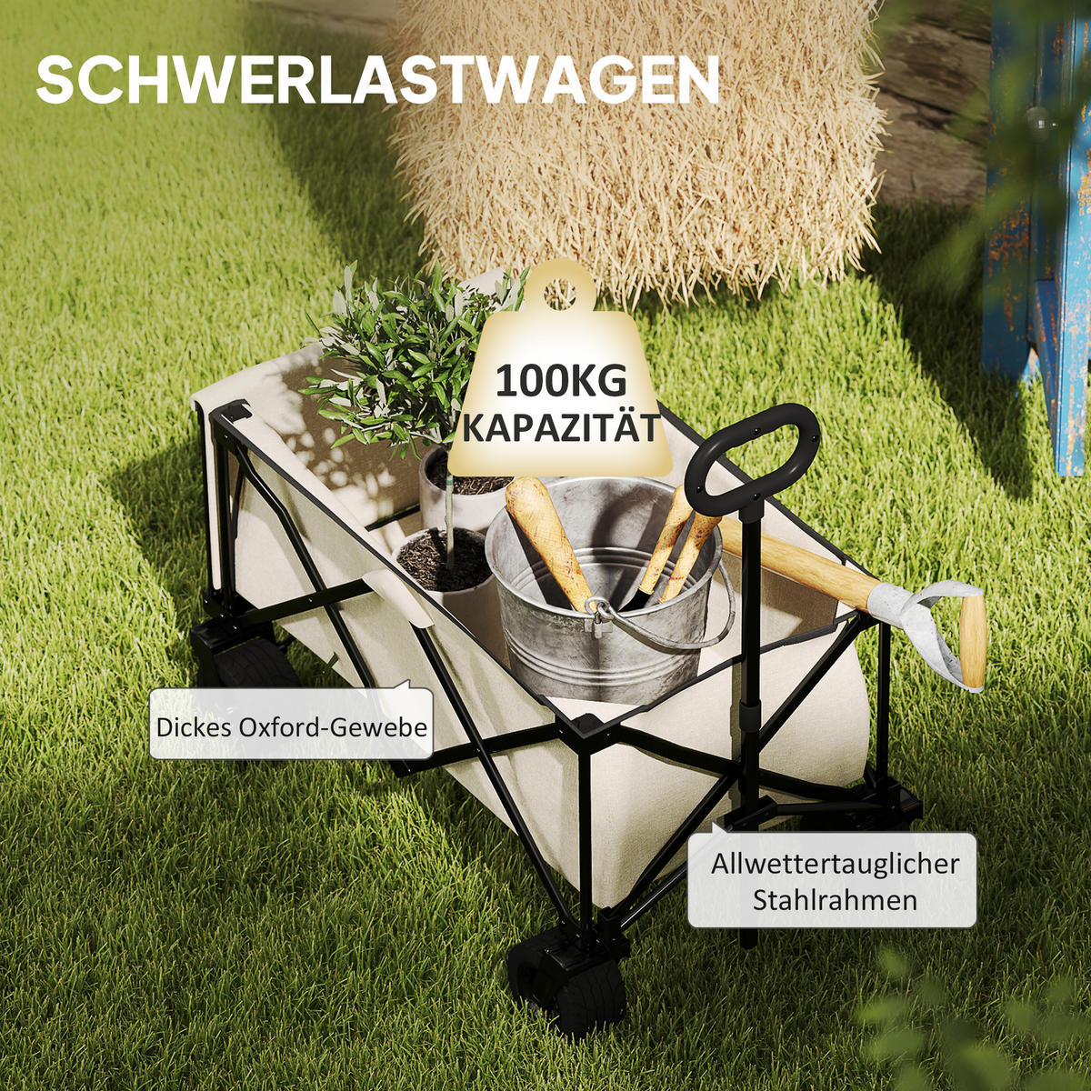 GARTENWAGEN 100 kg belastbar, klappbar Transportwagen mit herausnehmbare Plane - Beige, Metall (48/92/90cm) - Outsunny