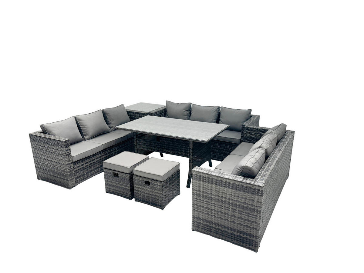 GARTENMÖBEL SET mit Beistelltisch,Esstisch Polyrattan 11-Sitzer - Dunkelgrau/Grau, Glas/Kunststoff - Fimous