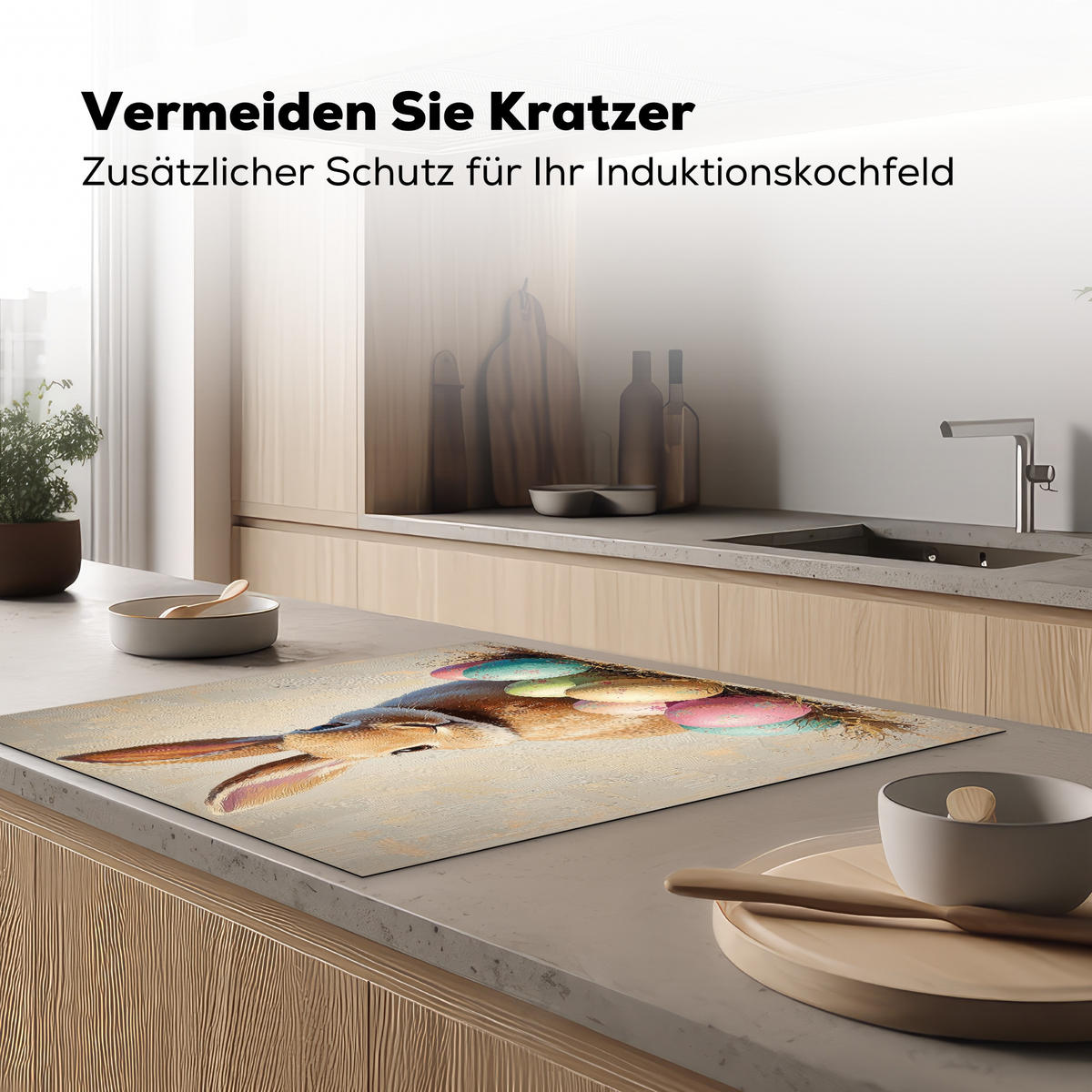 HERDABDECKPLATTE Osterhase - Pastell - Eier Induktionsmatte 78x78 cm - Beige, Kunststoff (78/78/0.2cm) - MuchoWow