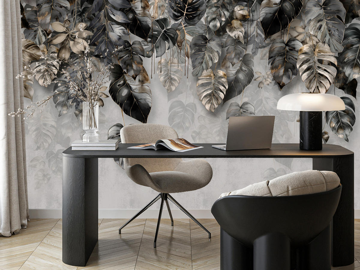 FOTOTAPETE für Wohnzimme Tropenblätter Beton Monstera 300x210 - Gelb/Schwarz, Papier (300/210cm) - Muralo