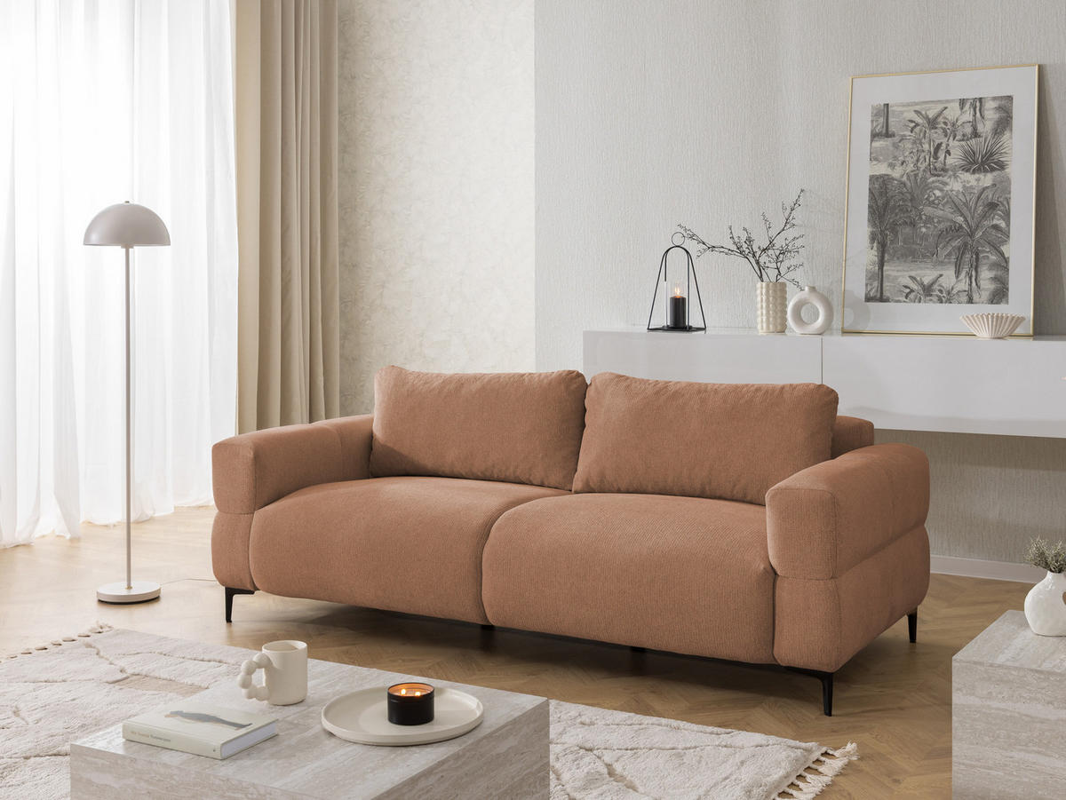3-SITZER-SOFA Cardea in Bubble-Optik aus weichem Terrakotta Strukturstoff mit hohem Sitzkomfort - Terracotta/Schwarz, Holz/Textil (217/80/97cm) - S-Style Möbel