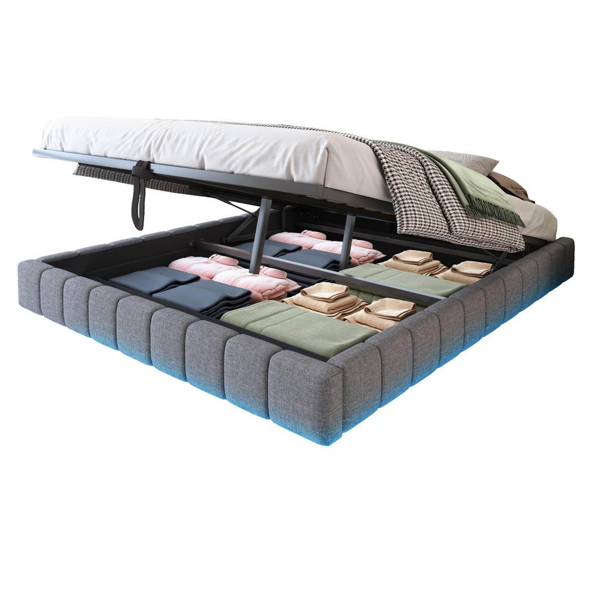 POLSTERBETT 160/200 cm Grau Hydraulischer Schwebebettrahmen mit LED-Beleuchtung - Grau, Textil (160/200cm) - OKWISH