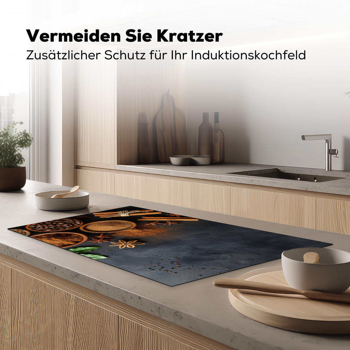 HERDABDECKPLATTE Zimt - Beton - Kaffee - Zimtstangen - Gewürze Ceranfeldabdeckung 90x52 cm - Mokka, Kunststoff (90/52/0.2cm) - MuchoWow