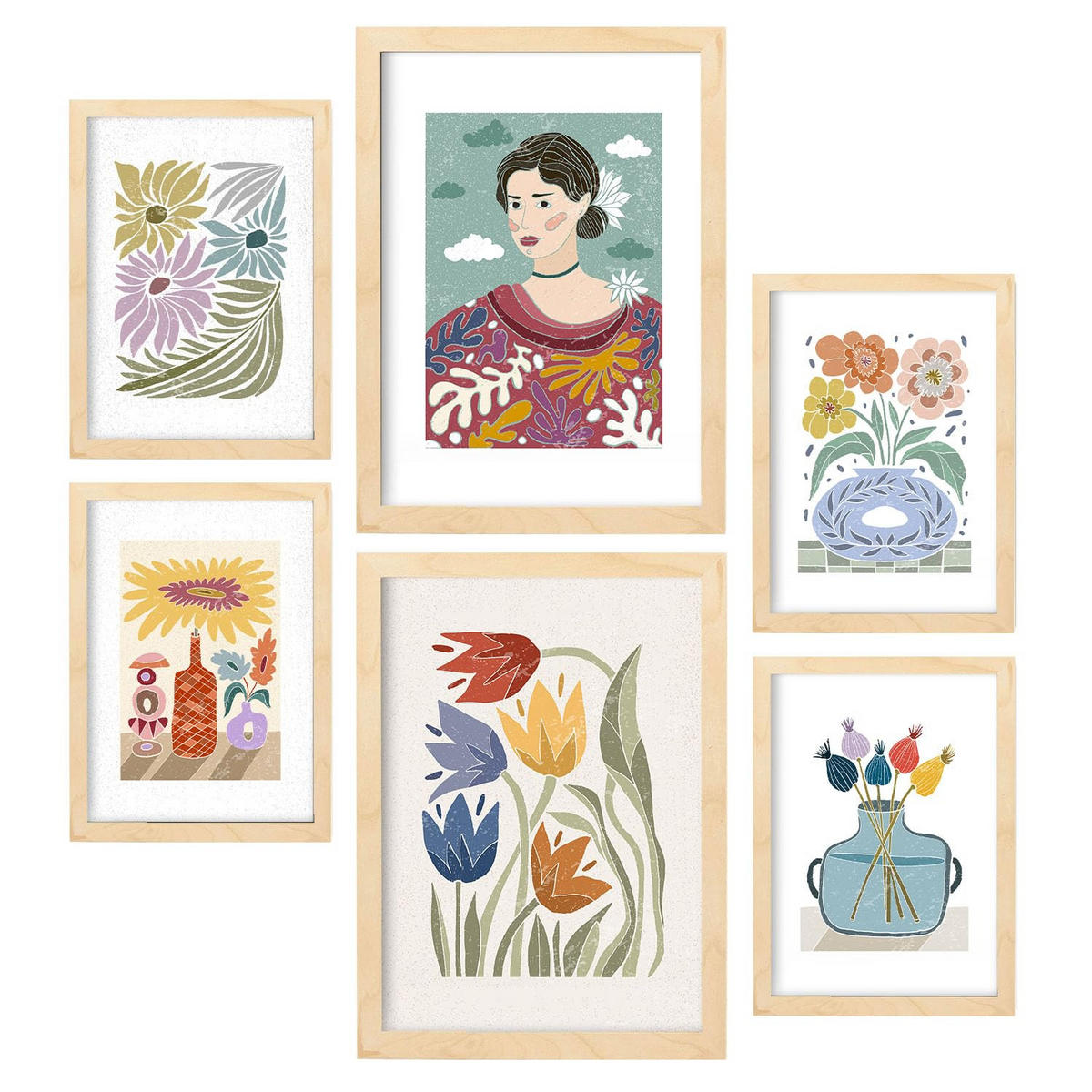 POSTER Set Mit 6 Drucken Garten In Ethnischendruckkollektionen Dekorative Rahmen Für Ihr Zuhause Wandkunstdruck A3 & A4 Rahmen Aus Hellem Holz - Beige, Papier (29/3cm) - Nacnic