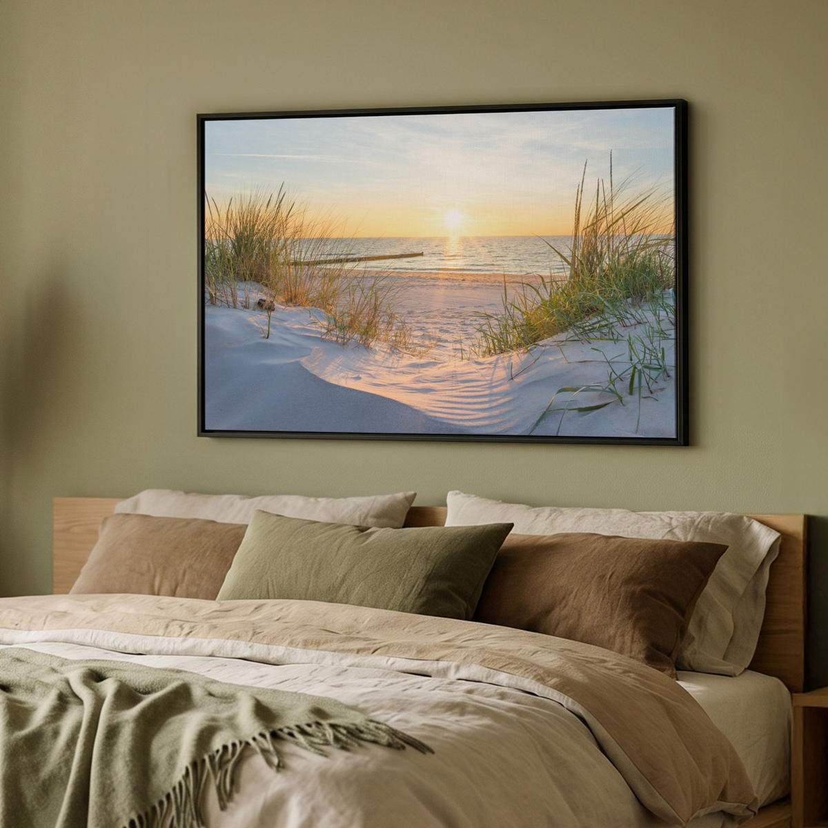 LEINWAND Bilder mit Rahmen - Strand - Sonne - Düne - Gras - Sand - Horizont - 90x60 - Hellblau, Textil (90/60cm) - MuchoWow