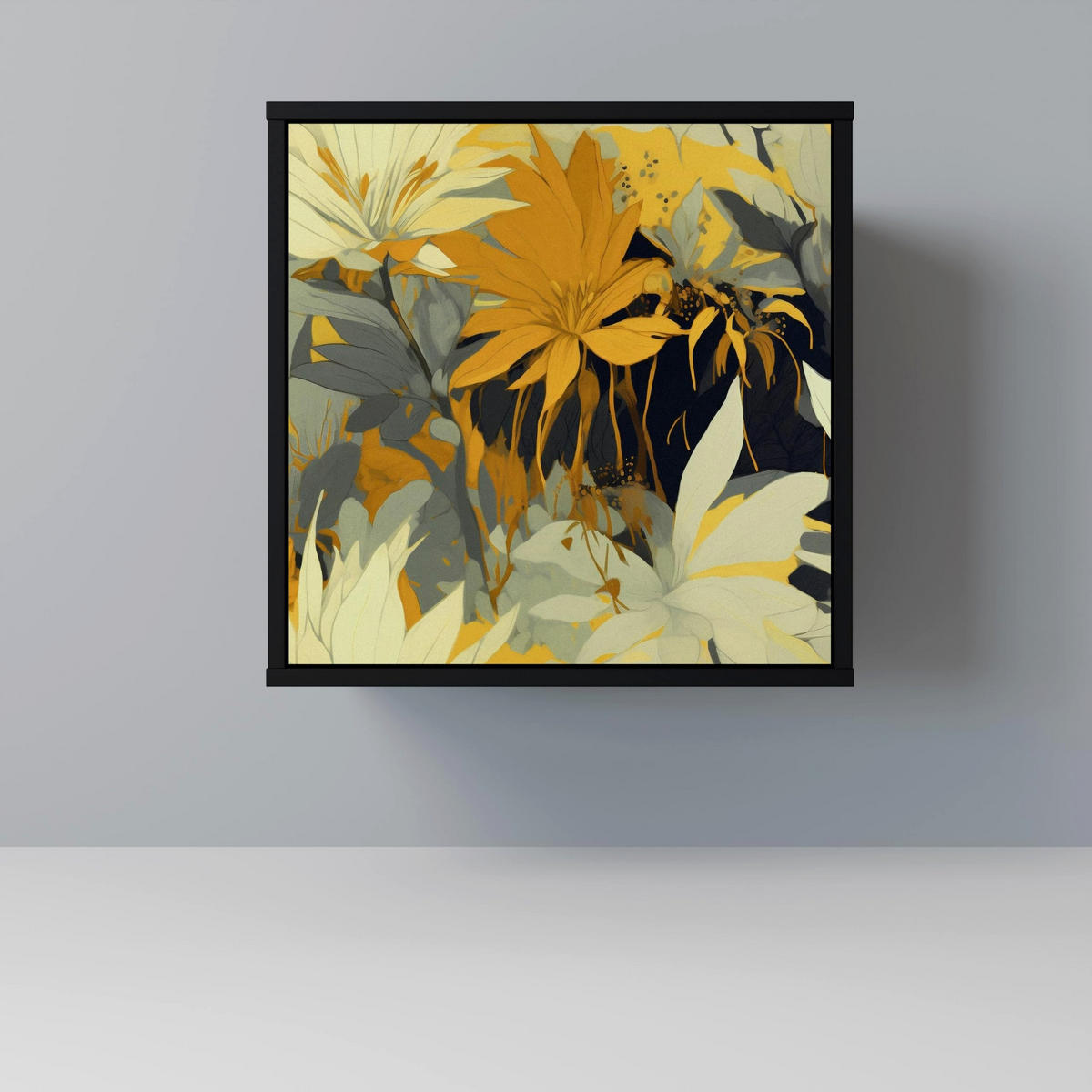 SIDEBOARD SUNKISSED LILY, Schwarz, 57,5x42x75,5 cm, Goldfarbene Metallfüße - Goldfarben/Multicolor, Holzwerkstoff/Metall (57.5/75.5/42cm) - SpaceRebels