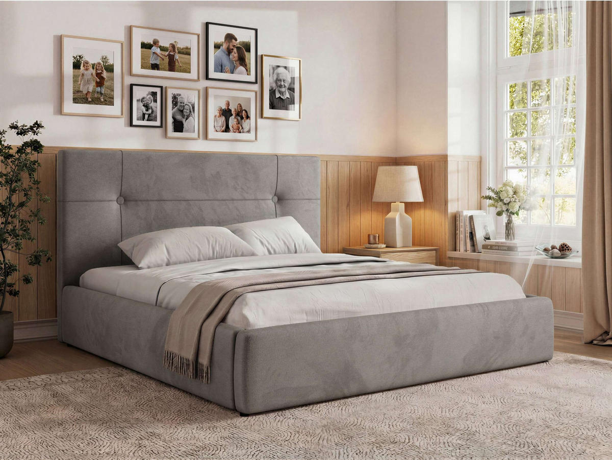 ČALÚNENÁ POSTEĽ CALERIO CLASSIC 140/200 - Svetlosivá Samet - Matrac Multipocket - čierna/svetlosivá, textil/plast (140/200cm) - MKS