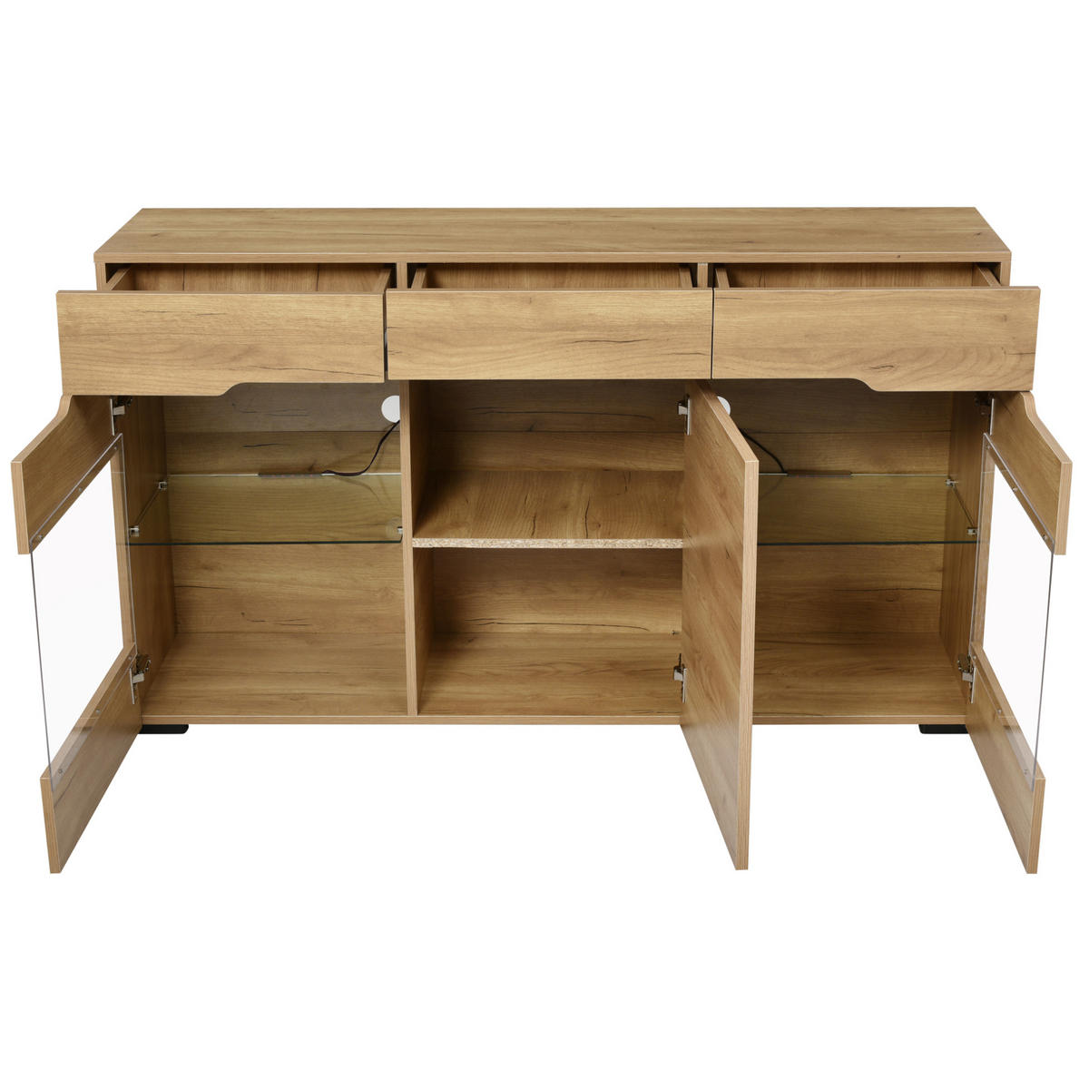 SIDEBOARD aus Spanplatte 140x35x80 cm Eiche mit LED-Beleuchtung, 3 Türen und 3 Schubladen - Eichefarben, Holzwerkstoff (140/80/35cm) - IVMEU