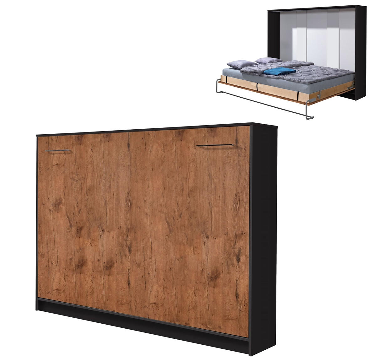 SCHRANKBETT Wandklappbett horizontal HB 140x200 - Eiche Lancelot & Schwarz - Schwarz/Braun, Holzwerkstoff (140/200cm) - QMM TraumMöbel