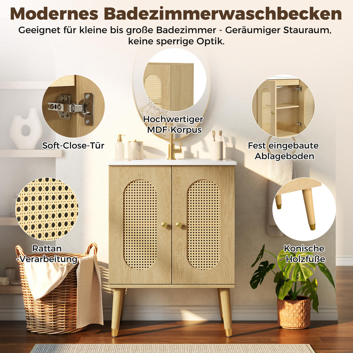 BADEZIMMERSCHRANK Rattan Türen Holzoptik Stauraum 61cm - Naturfarben, Keramik (61/89/47cm) - FLIEKS