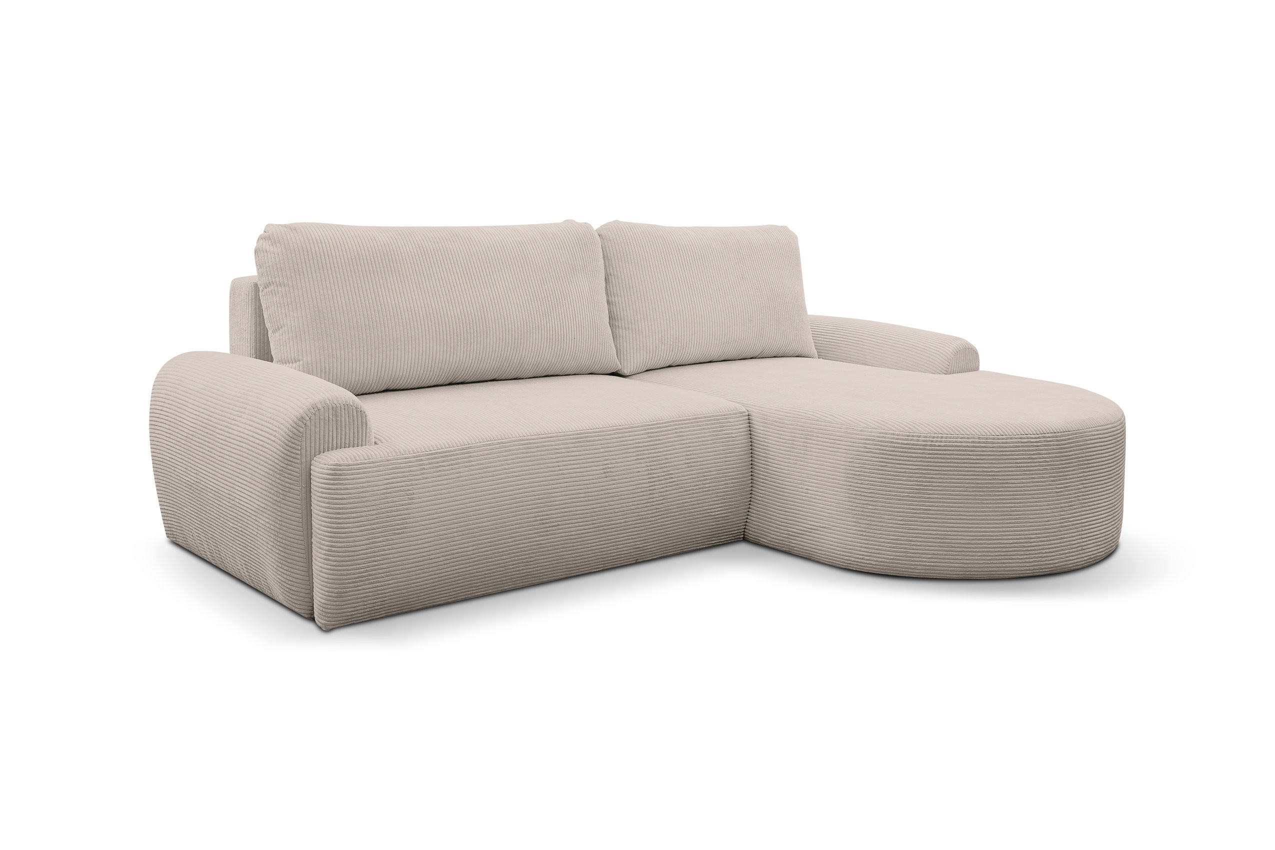ECKSOFA Dream Cord in L-Form mit Schlaffunktion und Bettkasten, Farbe: Beige, Cordstoff, Ottomane Rechts - Beige, Textil (260/136cm) - VENASI MÖBEL