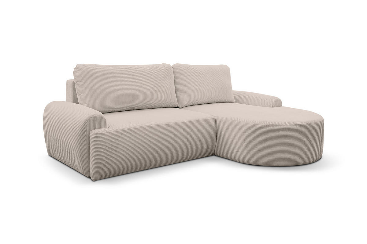 ECKSOFA Dream Cord in L-Form mit Schlaffunktion und Bettkasten, Farbe: Beige, Cordstoff, Ottomane Rechts - Beige, Textil (260/136cm) - VENASI MÖBEL