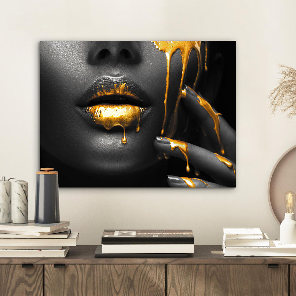 METALLBILD Frau - Schwarz - Gold - Gesicht - Lippen 40x30 cm - Goldfarben, Metall (40/30cm) - MuchoWow