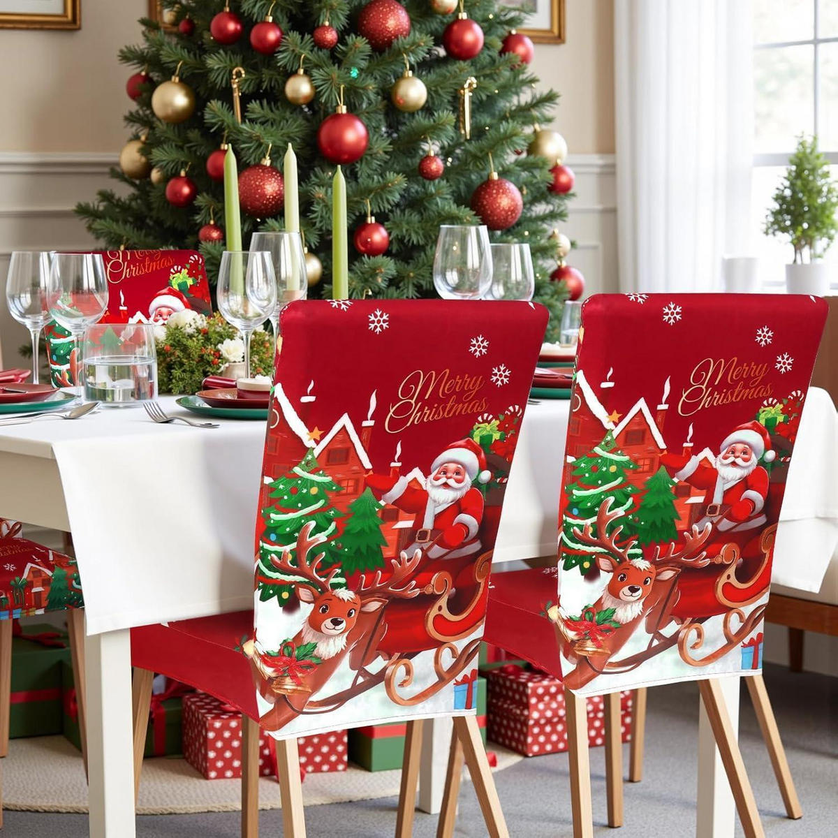 STUHLHUSSEN Weihnachten 6er Set Stretchbezug für Esszimmerstühle - Multicolor, Textil (40/45cm)