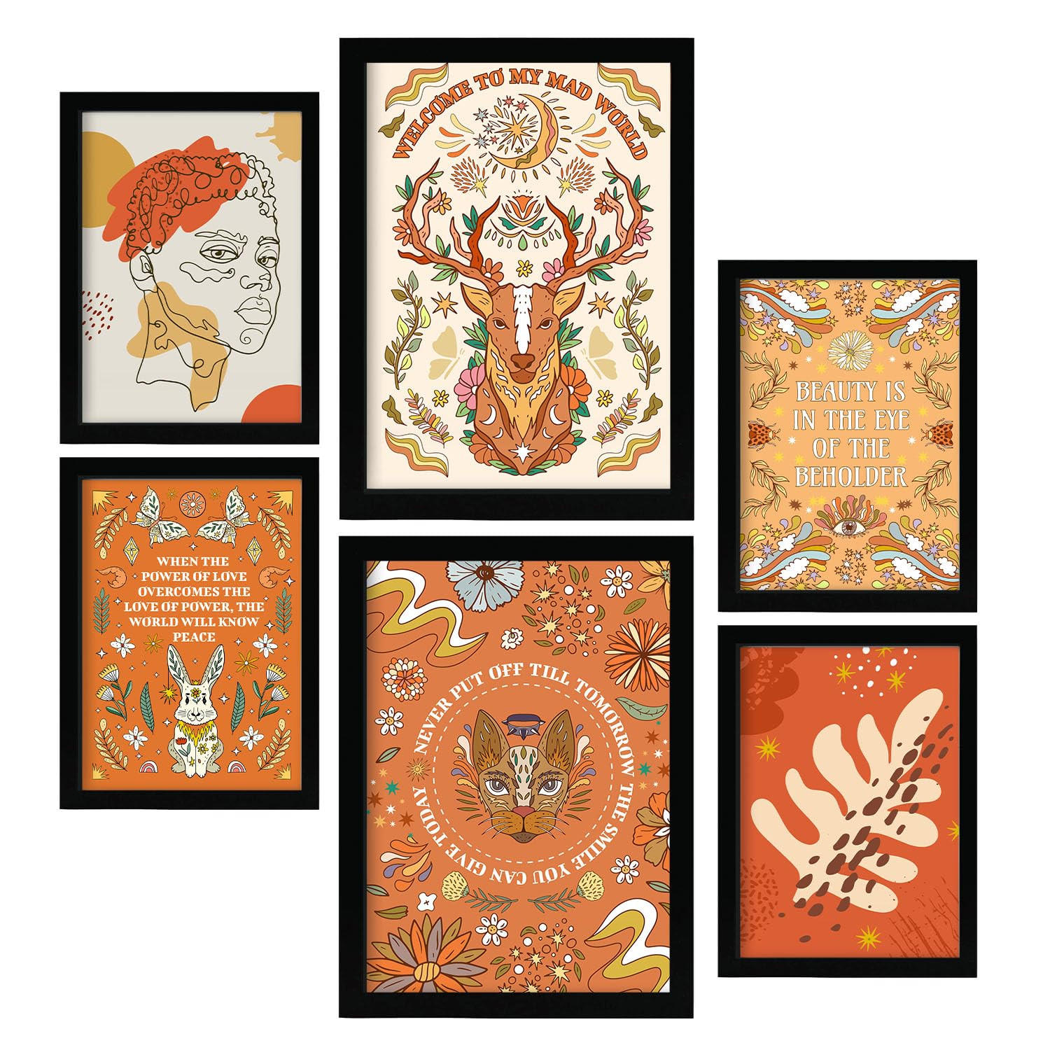 POSTER Set Mit 6 Drucken Von Orange In Brilliant Groovy Style Collection Dekorative Rahmen Für Ihr Zuhause Wandkunstdruck A3 & A4 Schwarzer Rahmen - Schwarz, Papier (29/3cm) - Nacnic