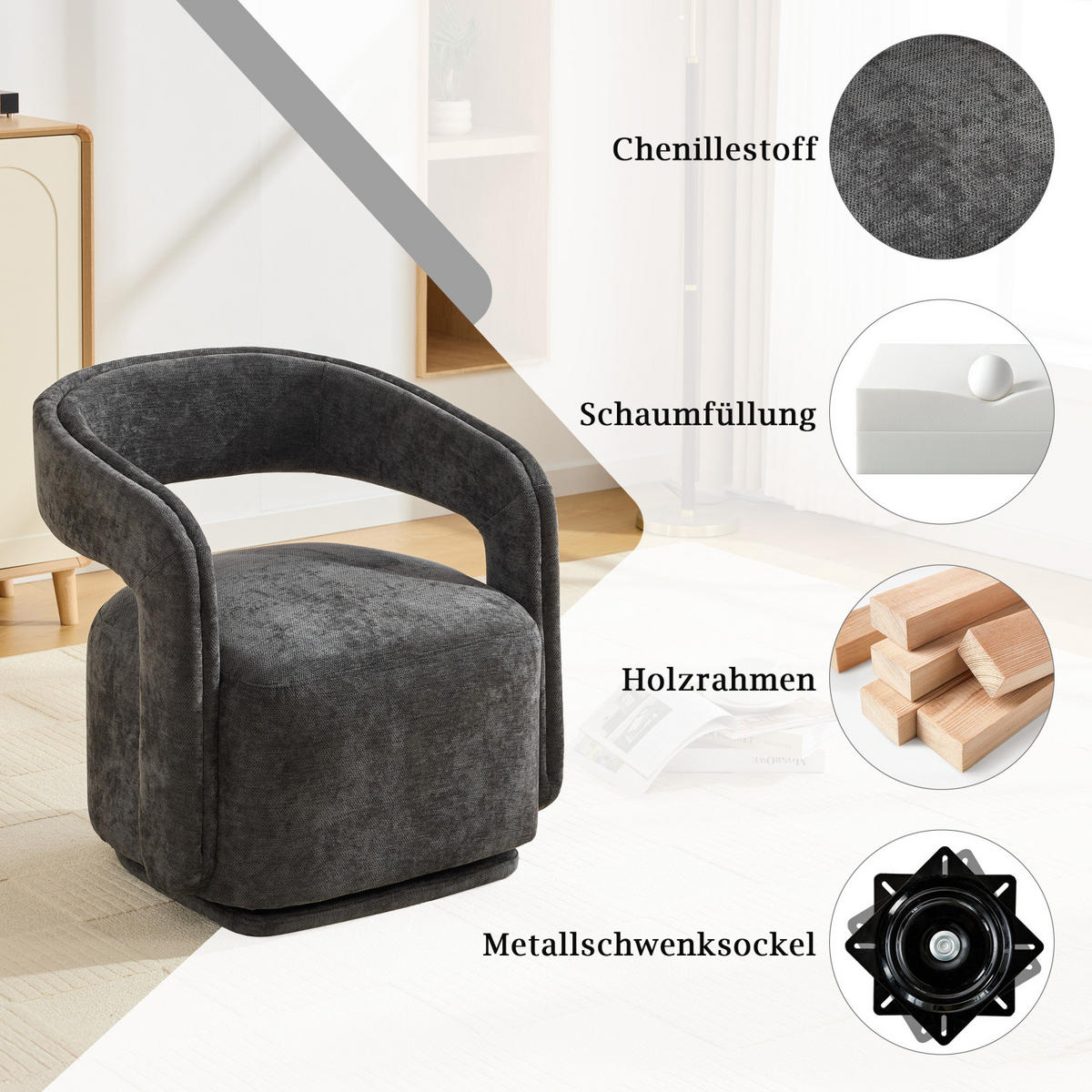 SESSEL,360 Grad Drehsessel Grau, Wohnzimmer Loungesessel - Grau, Textil (70/74/65cm) - PARAFTA HOME