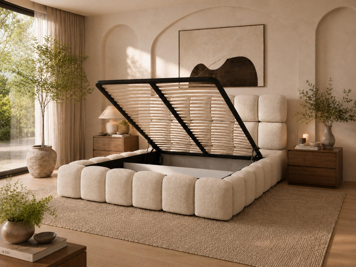 POLSTERBETT TESSA 140x200 cm in Beige, gepolstertes Kopfteil, Metalllattenrost, Bettkasten, Bouclé-Stoff - Beige, Holz/Textil (140/200cm) - EMLAR Home