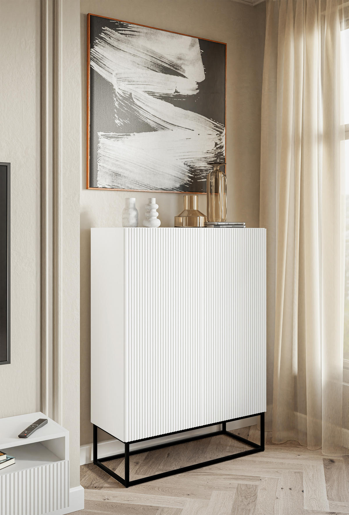HIGHBOARD Veldio Weiß mit schwarzen Beinen 90 cm - Schwarz/Weiß, Holzwerkstoff/Metall (125/90/38cm) - Selsey