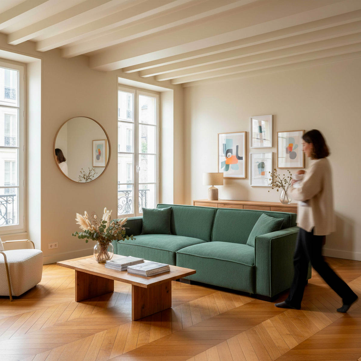 SOFA 3-Sitzer, Grün - Grün, Textil (90/76/230cm) - Oviala