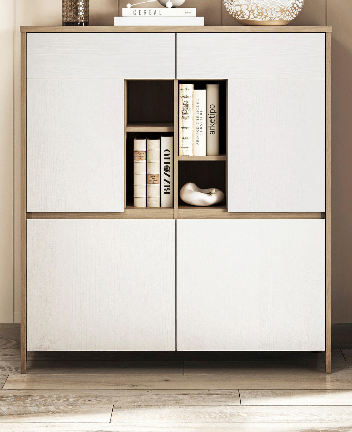 HIGHBOARD weiß, Eiche 111 cm, Kommode skandinavisch mit Soft-Close, Finnes - Eichefarben/Weiß, Holzwerkstoff/Metall (111/125/39cm) - Furn.Design