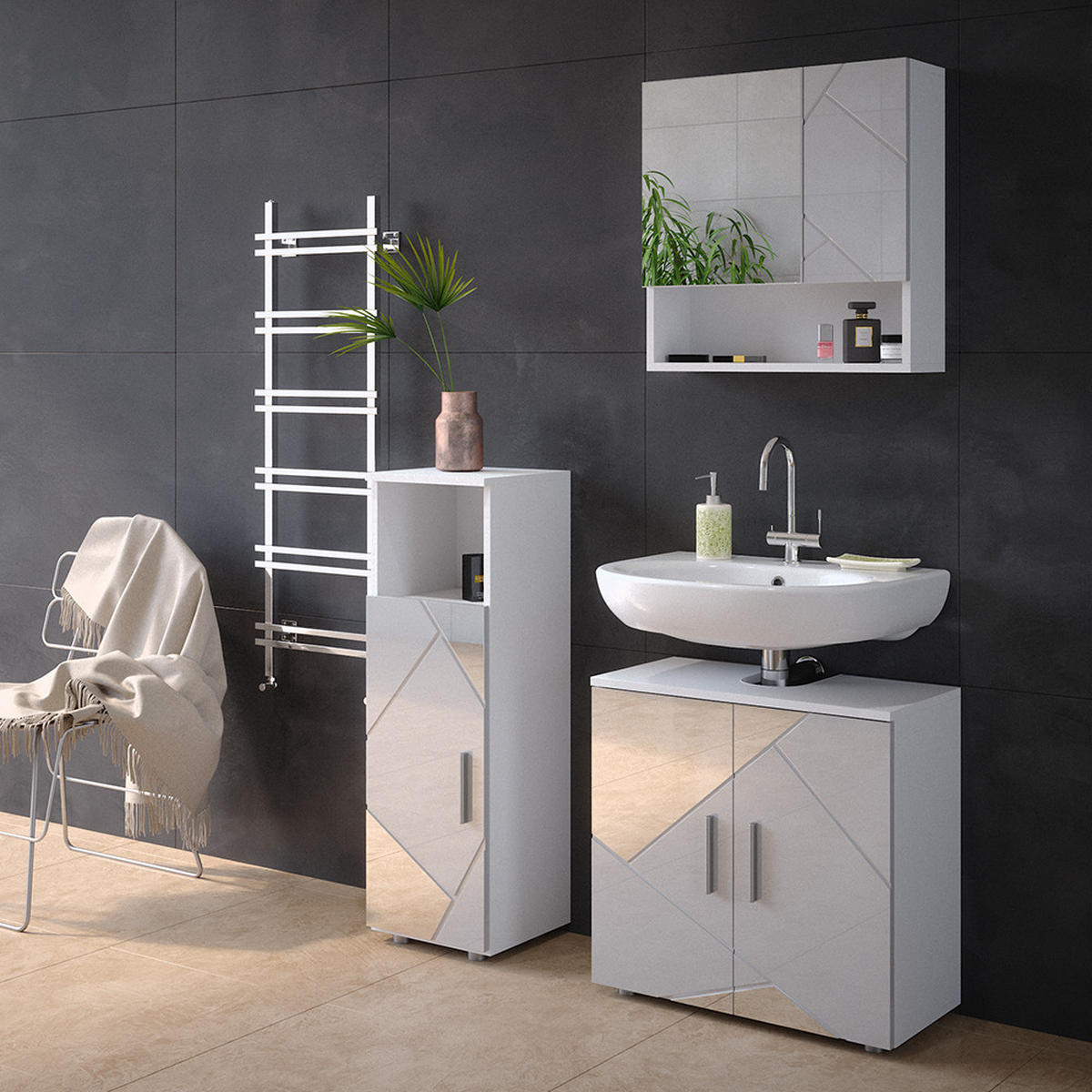 BADMÖBEL-SET Irma Weiß 3 Teile - Weiß Hochglanz/Weiß, Holzwerkstoff (80/58.6/41cm) - Vicco