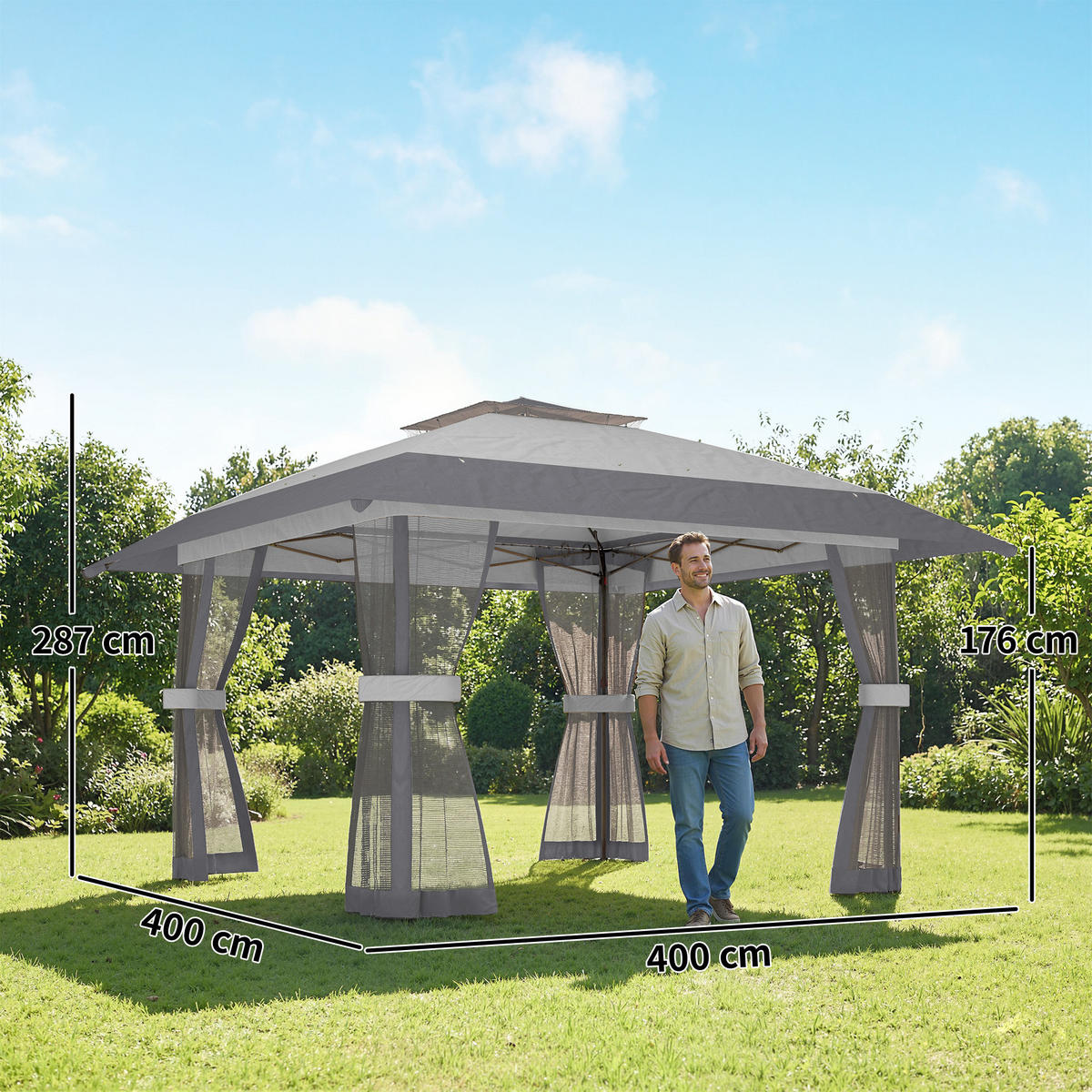 PAVILLON, faltbar, 4 Moskitonetzen an den Seiten, verstellbarer Höhe, 4x4 m, Grau - Grau, Metall (400/287/400cm) - Vallsero