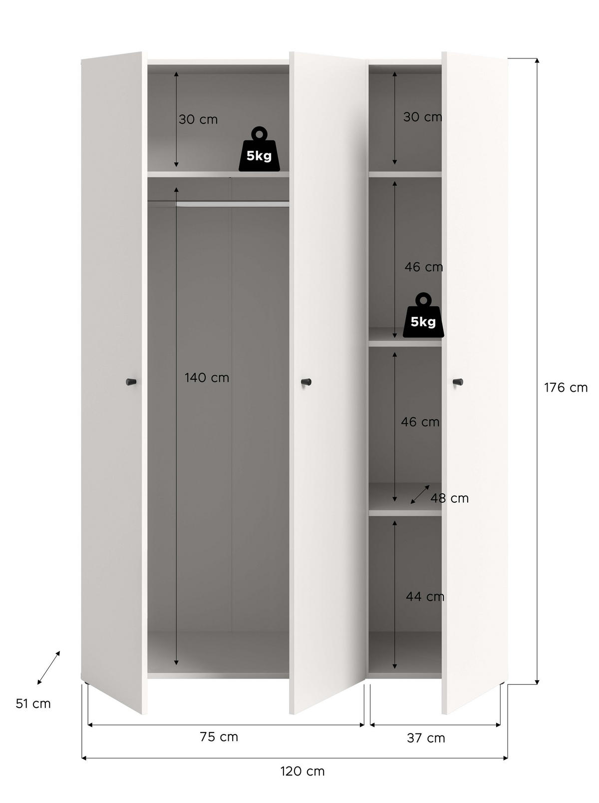 KLEIDERSCHRANK 3-türig DARWIN (B/H/T: ca. 120/176/51 cm) in Weiß/weiß - Weiß, Holzwerkstoff (120/176/51cm)