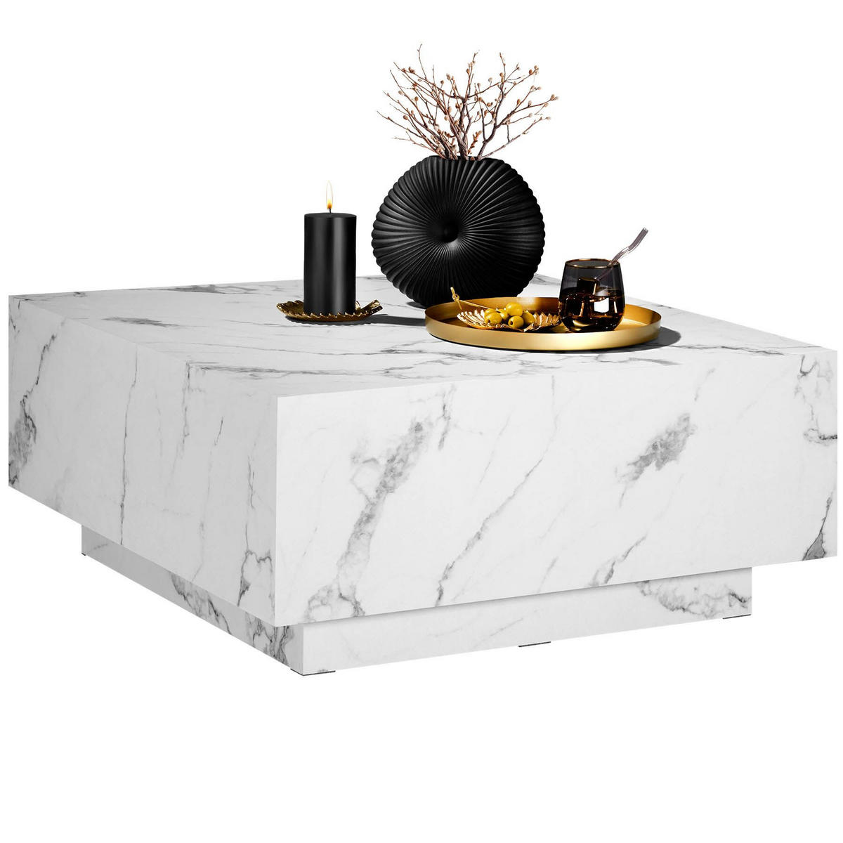 COUCHTISCH Lasley, inkl. Bodenschoner, Belastbarkeit 45 kg, Marmor Optik weiß - Weiß, Holz (80/80/35cm) - tectake