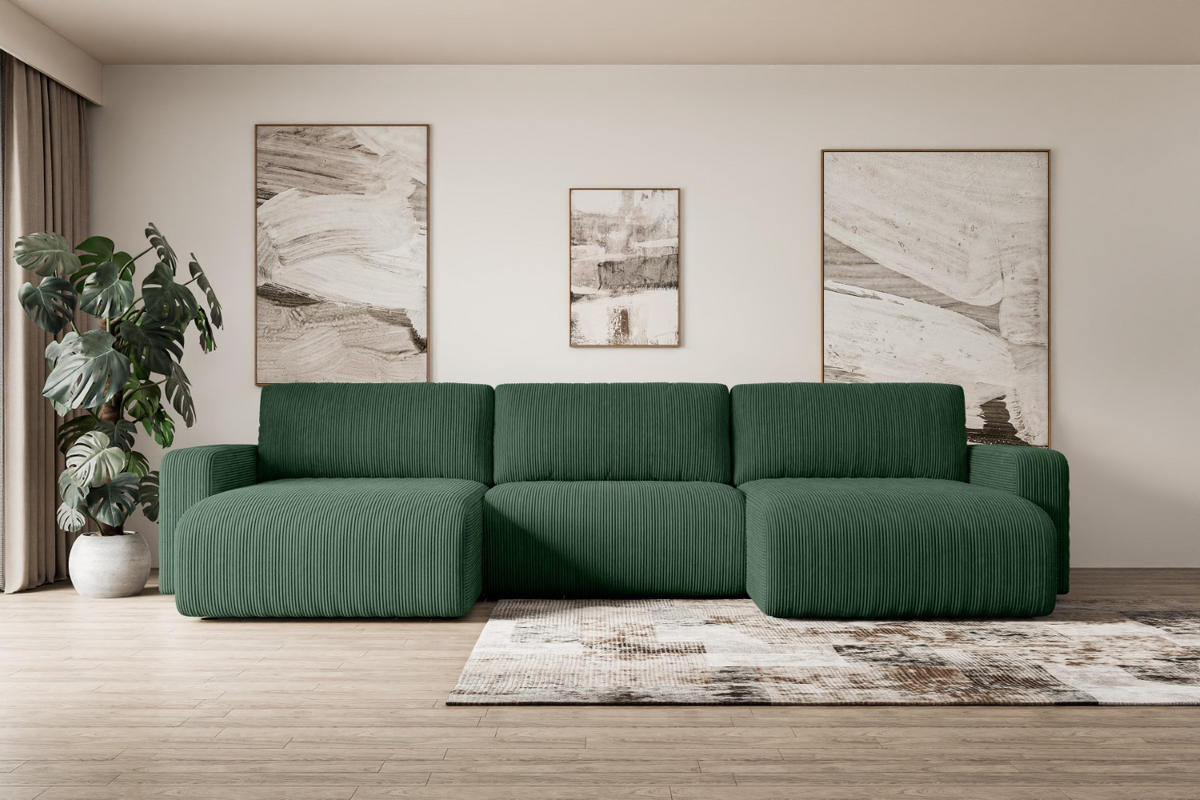 WOHNLANDSCHAFT mit Schlaffunktion und Bettkasten KLEEA-U - 347x143x83 cm Grün Cord - Schwarz/Grün, Holzwerkstoff/Kunststoff (347/83/143cm) - ALTDECOR