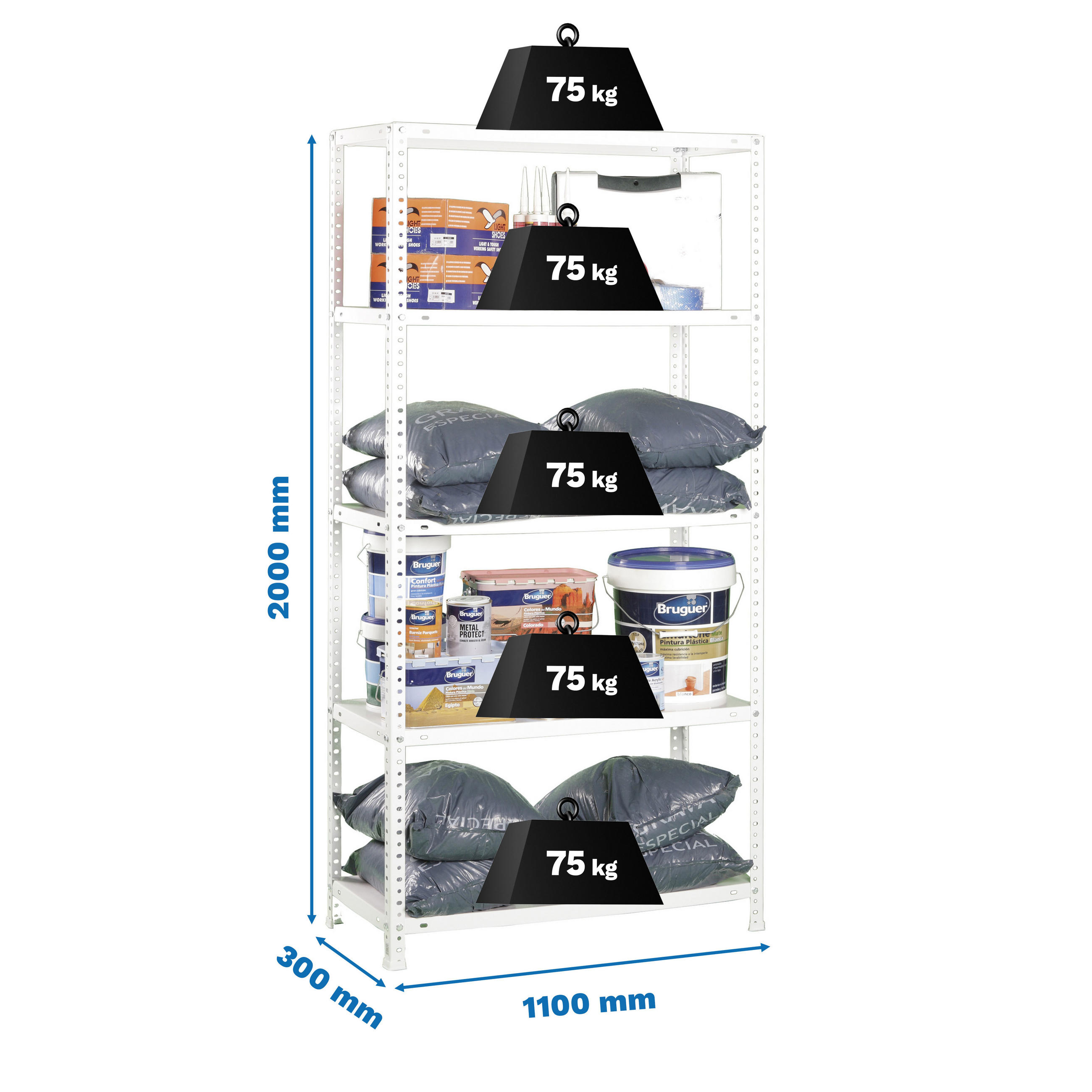 SCHRAUBREGAL PANDA TALL | HxBxT 200x110x30cm | 5 Fachböden | Fachlast 75kg | Weiß - Weiß, Metall (110/200/30cm) - PROREGAL