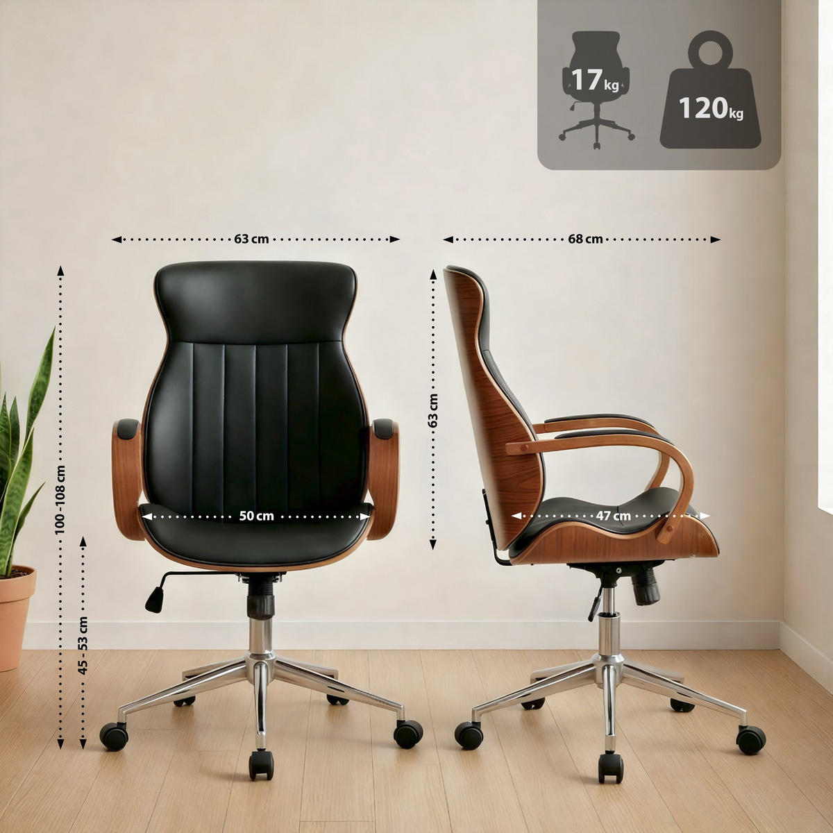 DREHSTUHL Lederlook Walnuss/Schwarz - Chromfarben/Walnussfarben, Textil/Metall (63/100/68cm) - CLP