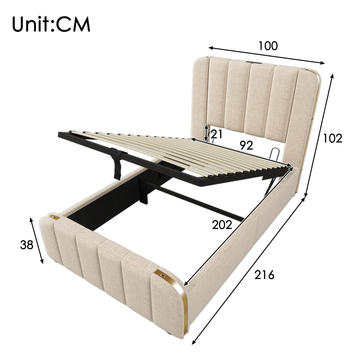 POLSTERBETT aus Leinen 90x200 cm in Beige mit USB- & Typ-C-Anschluss und Matratze - Beige, Textil (90/200cm) - Modfu