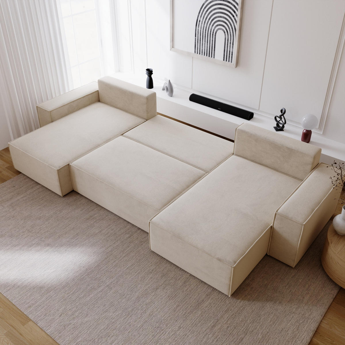 ECKSOFA 380 cm Bergamo U mit Bettkasten, Samt, Beige - Beige, Holz (377/189cm) - Emporius