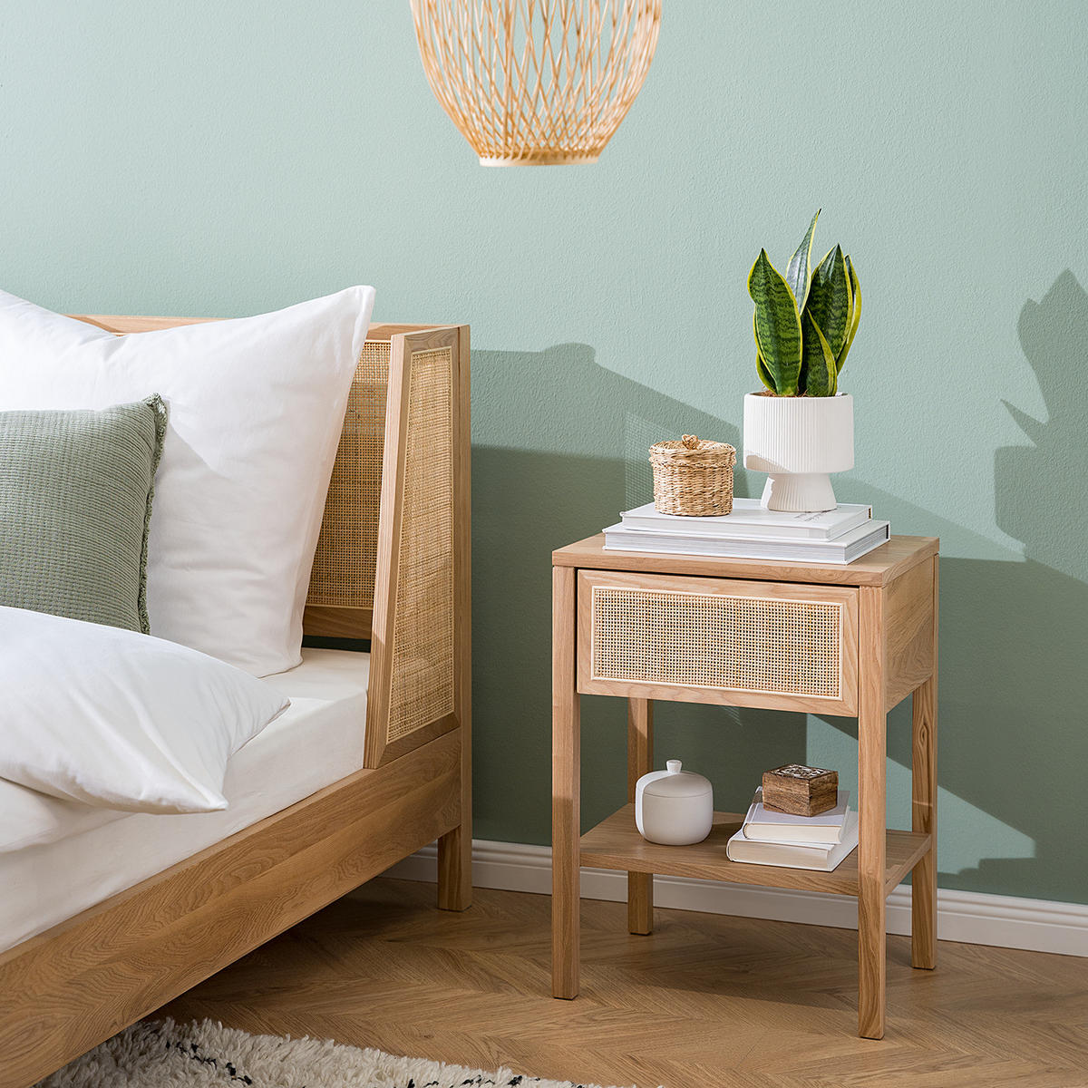 NACHTTISCH - Rattan / Eiche teilmassiv - Beige, Naturmaterialien (45/60/35cm) - home24