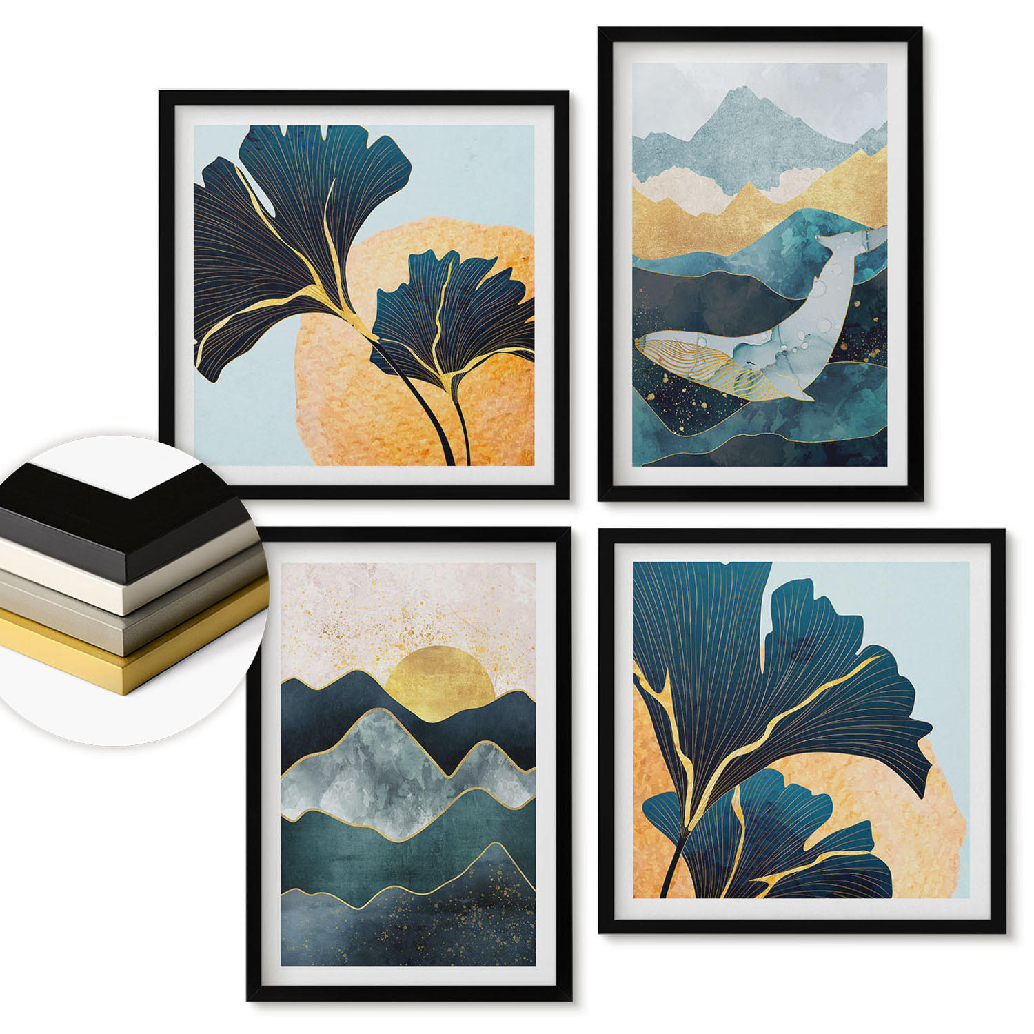 WANDBILDER 4er-Set - 50x50 cm & 40x60 cm Schwarzer Rahmen - Abstrakte ästhetische Berge - Schwarz, Kunststoff (50/50cm) - ArtPrintCave