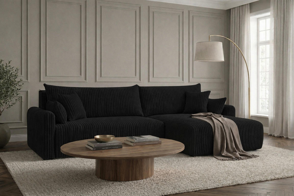 ECKSOFA Mit Schlaffunktion, Cordstoff Tilia, Schwarz, Rechts, JAPANDI - Schwarz, Holz (262/145cm) - Kaiser Möbel