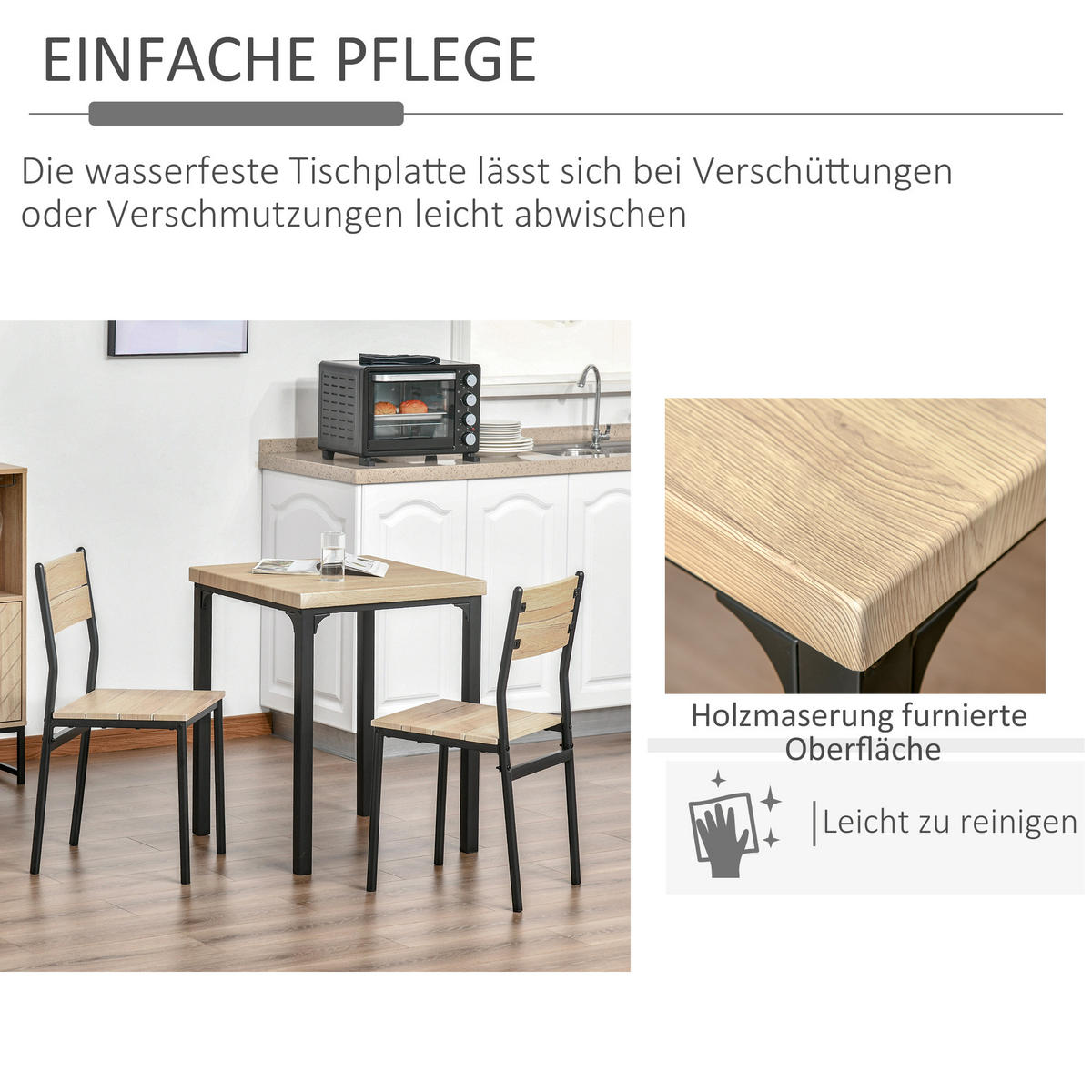 3-TEILIGE Essgruppe Küchentisch mit Metallgestell Esszimmergruppe Sitzgruppe - Schwarz/Naturfarben, Holzwerkstoff/Metall (60/76/60cm) - HOMCOM