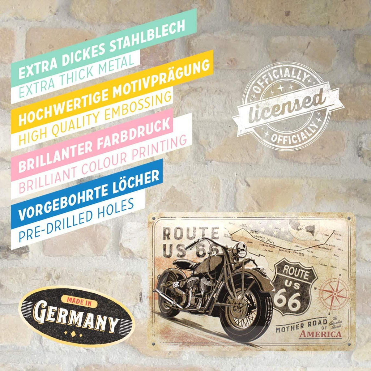BLECHSCHILD 20/30 cm US Highways Route 66 Bike Map - Multicolor, Metall (30/20/0.2cm) - Nostalgic-Art