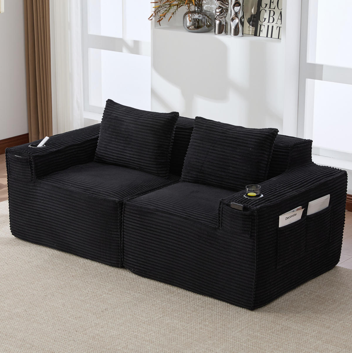 SOFA modularer 2-Sitzer mit Getränkehaltern 188 x 90 x 75 cm Schwarz - Schwarz, Kunststoff (188/75/90cm) - Meubliv
