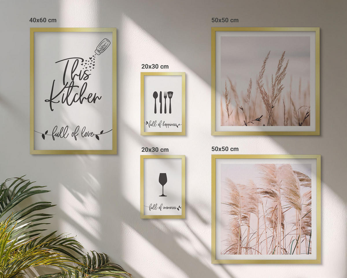 BILDER SET 5er Set - 50x50 cm & 20x30 cm & 40x60 cm Goldrahmen - Abstrakte Blattmalerei - Goldfarben, Kunststoff (40/60cm) - TULUP