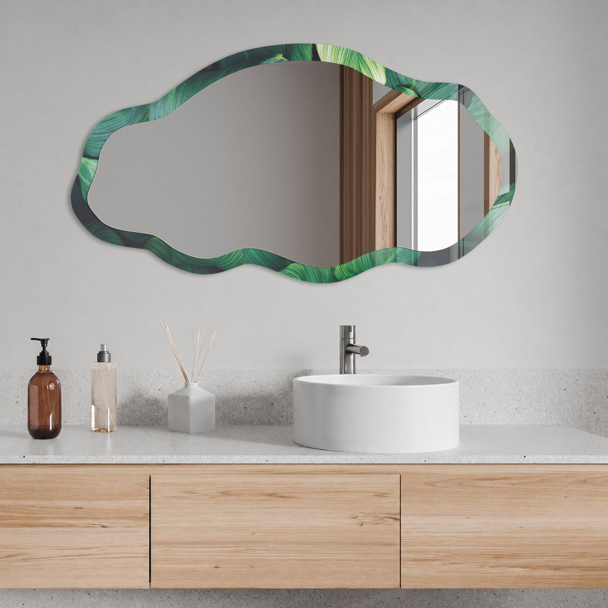 SPIEGEL 90x45 cm asymmetrisch mit Druck - Grüne Blätter - Transparent, Glas (45/90/0.4cm) - TULUP