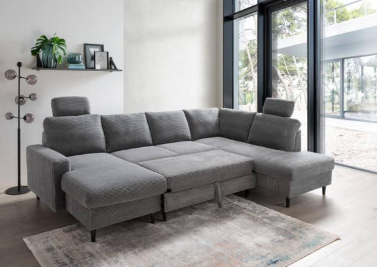 WOHNLANDSCHAFT mit Schlaffunktion und Bettkasten - Schwarz/Grau, Textil (200/88/305cm) - myHomelando