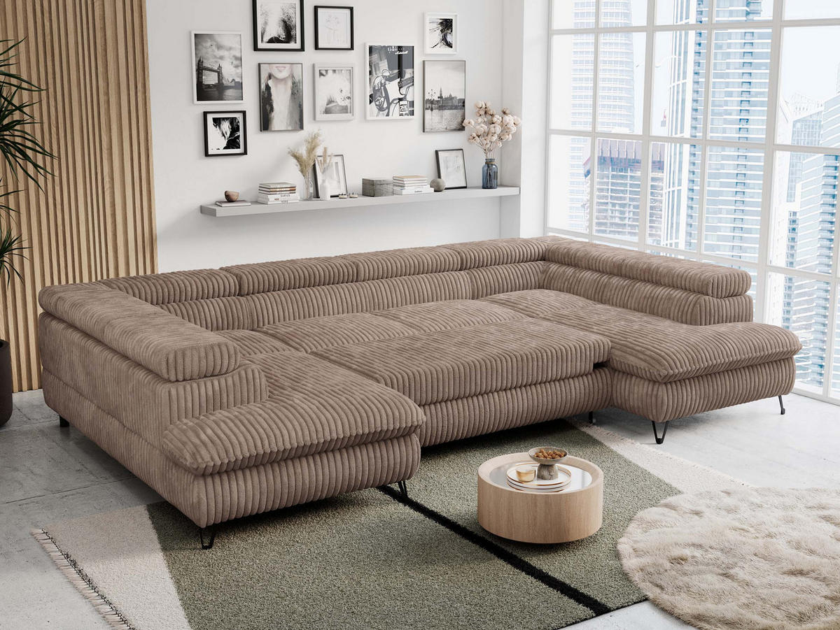 WOHNLANDSCHAFT PETER U Cord Braun - Schwarz/Braun, Textil/Metall (346/76/208cm) - MKS