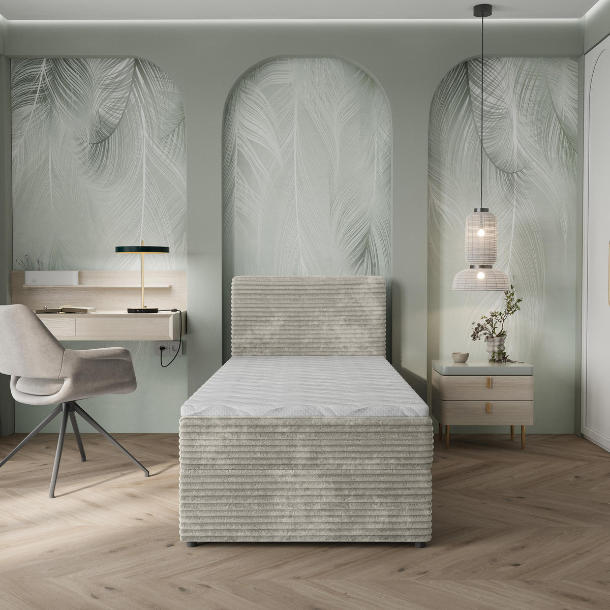 BOXBETT PISA 90 90x200 cm mit Matratze und Topper, H2+H3 - Hellgrau - Hellgrau, Holz (90/200cm) - MASSENO