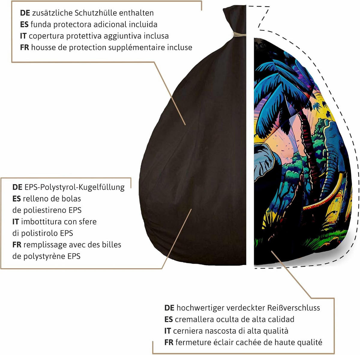 SITZSACK PEARSHAPE MIT FUßSTÜTZE Velvet 2-tlg Elephant M - Schwarz, Textil (70/120/70cm) - Dreamroots
