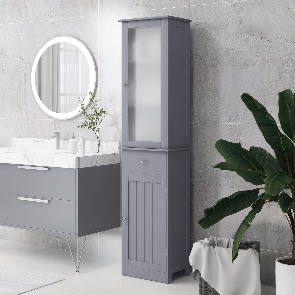HOCHSCHRANK DE-12531 mit Acrylglastür und Schublade Grau - Grau, Holzwerkstoff (27/171.5/40cm) - ComfortXL