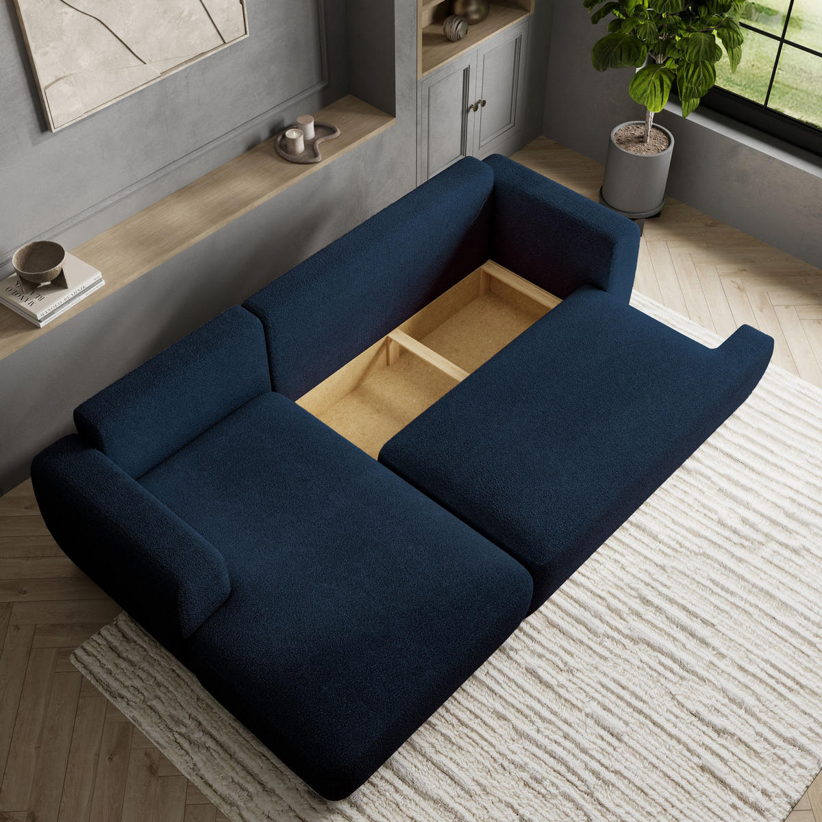 ECKSOFA SENTI N L-S Blau Boucle-Stoff mit Schlaffunktion - Blau, Holz (246/148cm) - MASSENO
