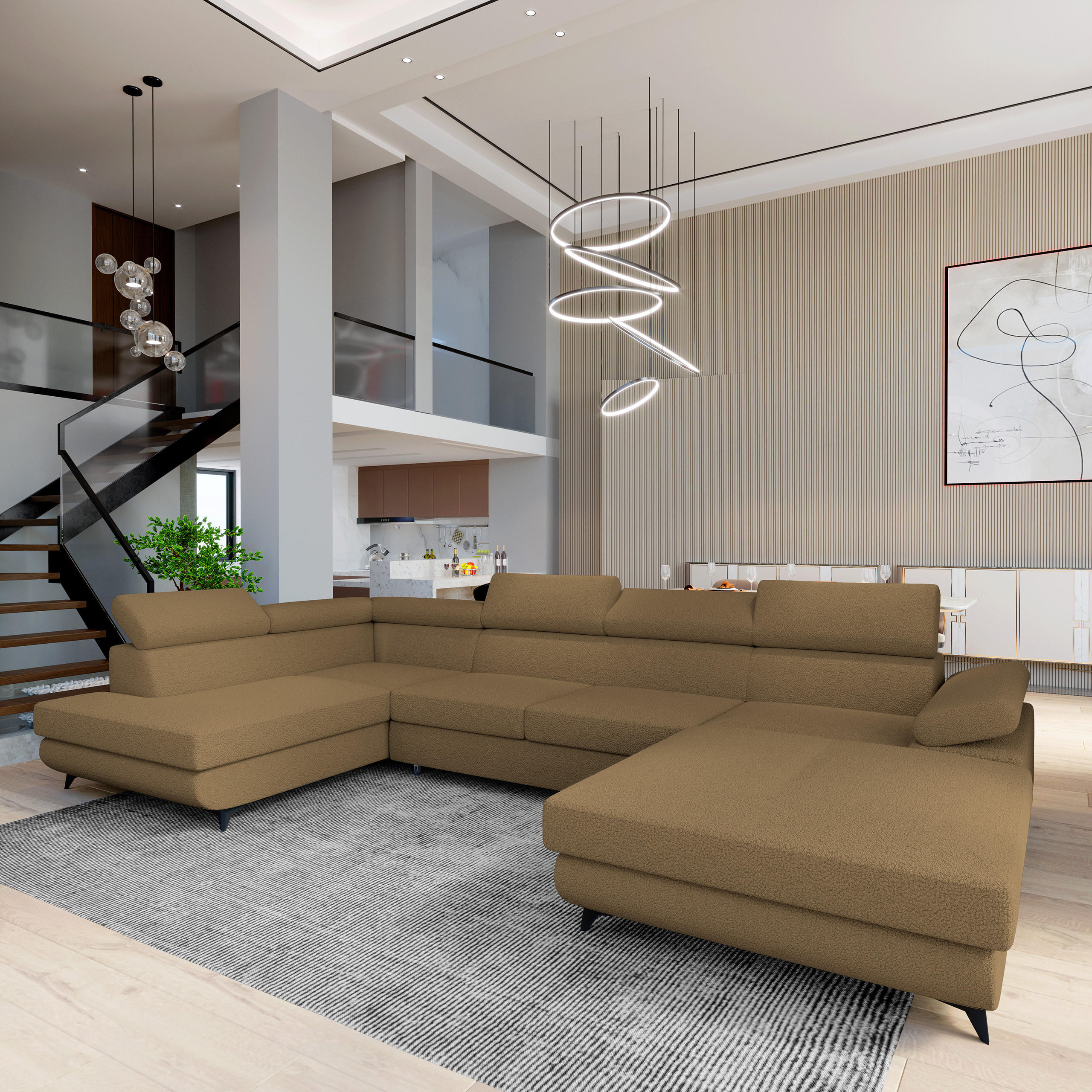 WOHNLANDSCHAFT RUBANO L-S Orange Boucle-Stoff mit Schlaffunktion - Orange, Holz (339/89/190cm) - MASSENO