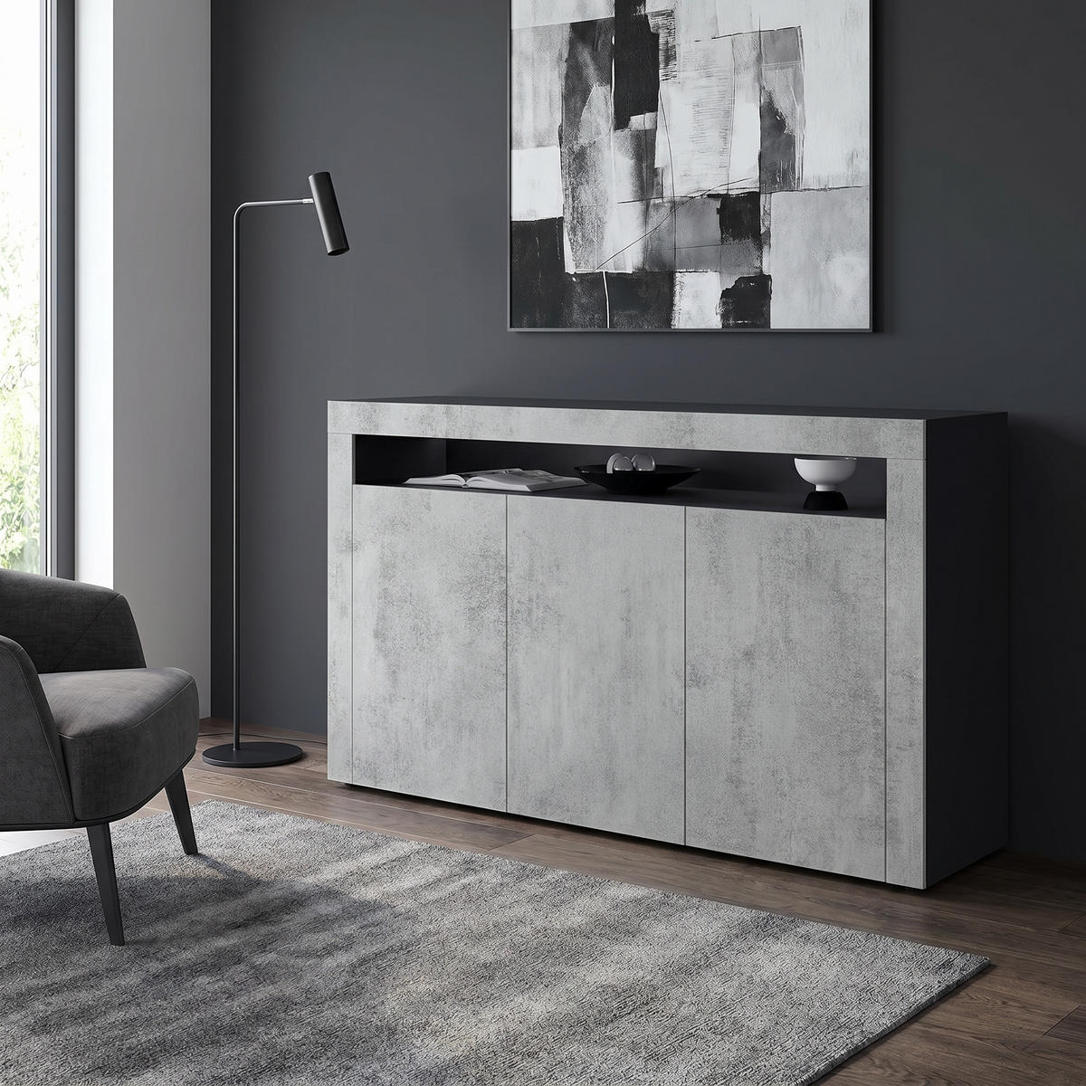 SIDEBOARD Valencia Beton Oxid Optik/ Beton Oxid Optik - Hellgrau, Holzwerkstoff (155/92/40cm) - Vladon