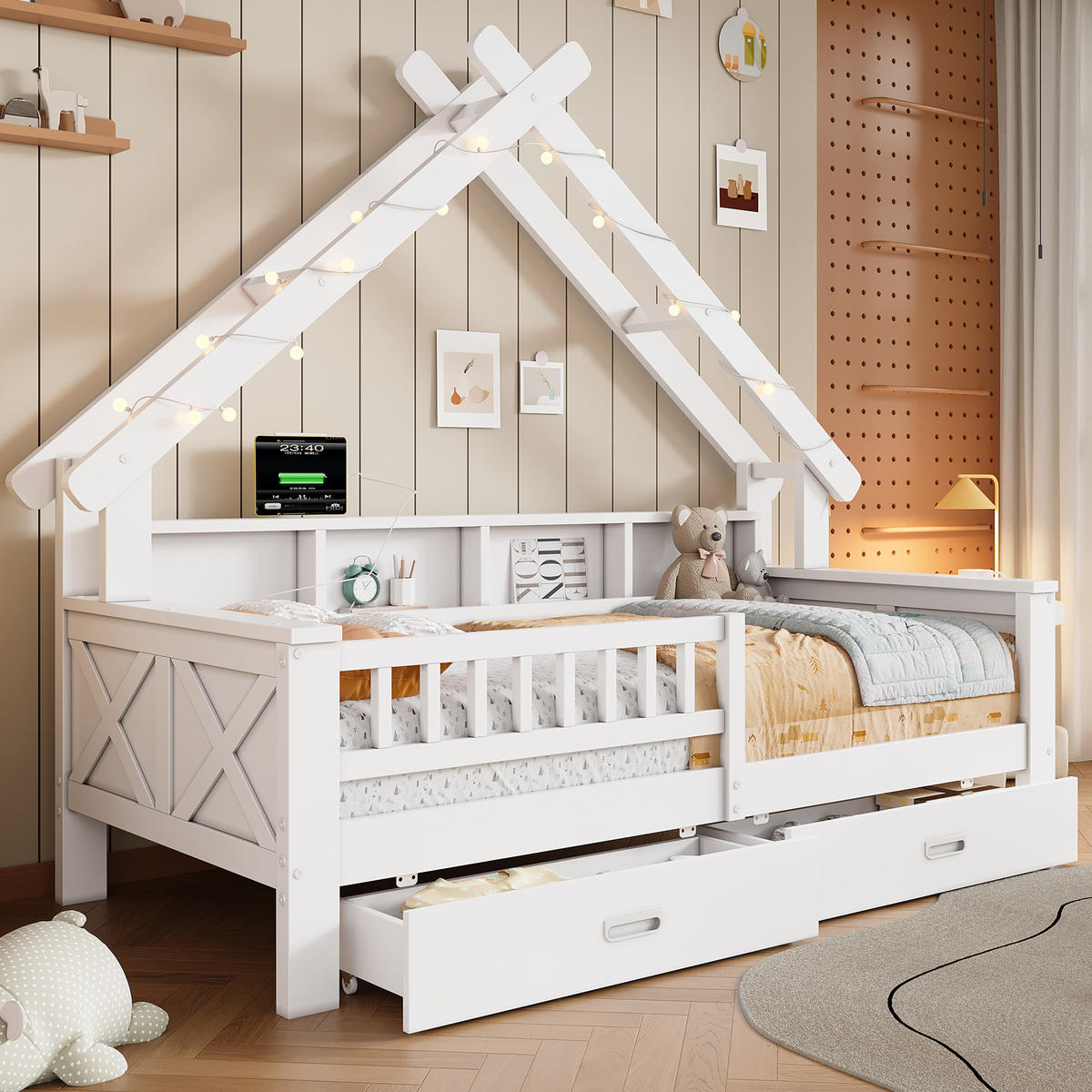 HAUSBETT 90/200 cm in Weiß mit LED, 2 Schubladen und Regal - Weiß, Holz/Holzwerkstoff (90/200cm) - WISHDOR